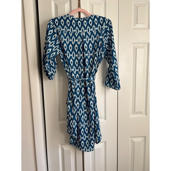 Maeve by Anthropologie Teal Ikat Button-Up Shirt Dress Size Small Tab Sleeves - Picture 9 of 10